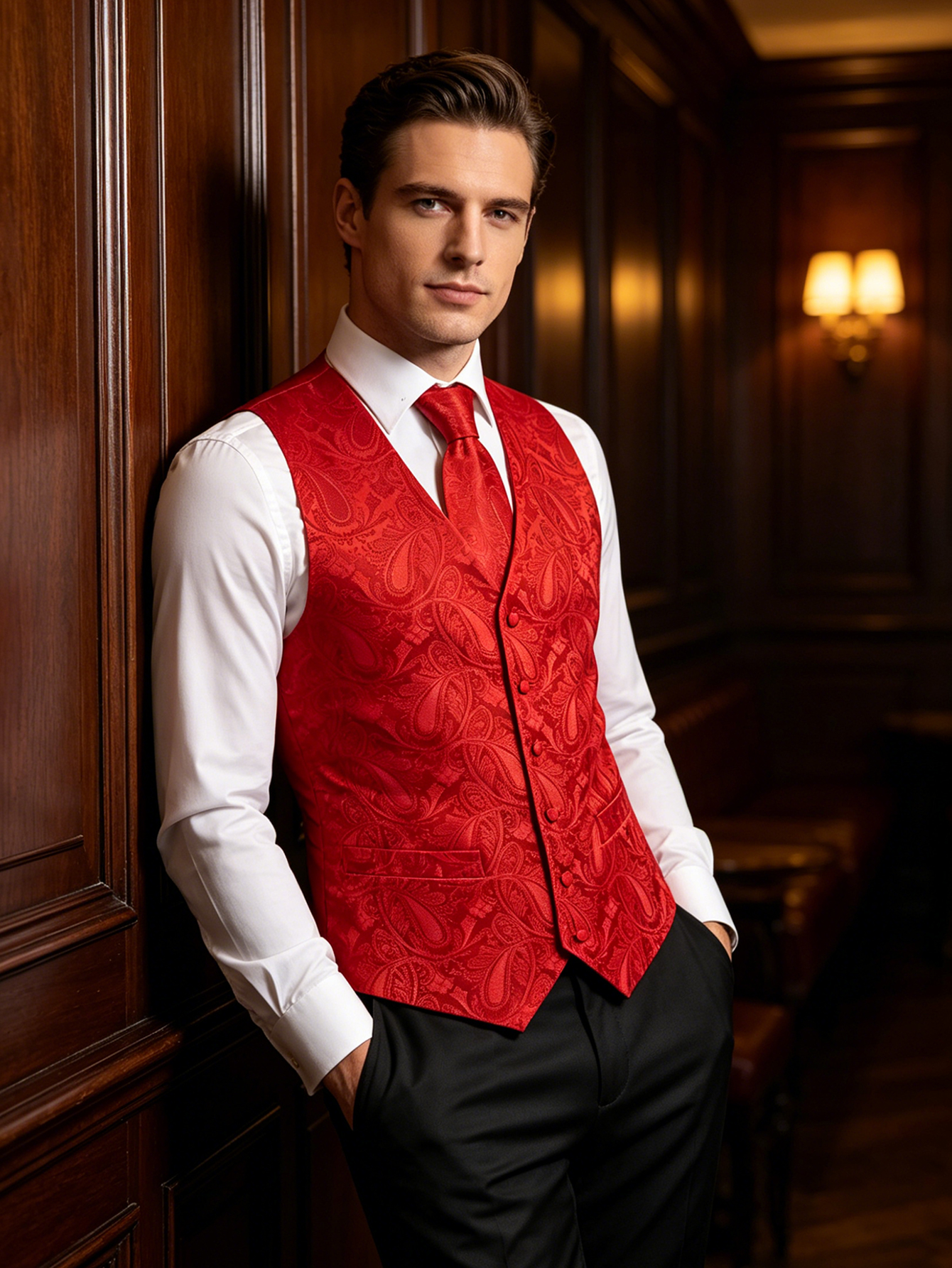 Mens Grooming Kit For Wedding - Bright Red Paisley Jacquard Waistcoat Accessory